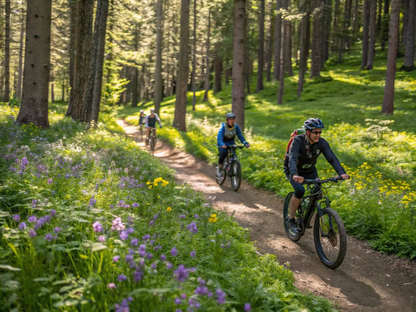 A dynamic image of a group of bikers navigating a challenging mountain trail, emphasizing the physical endurance and technical skills required for mountain biking. The photo should capture the beauty of the natural environment and the thrill of the ride.