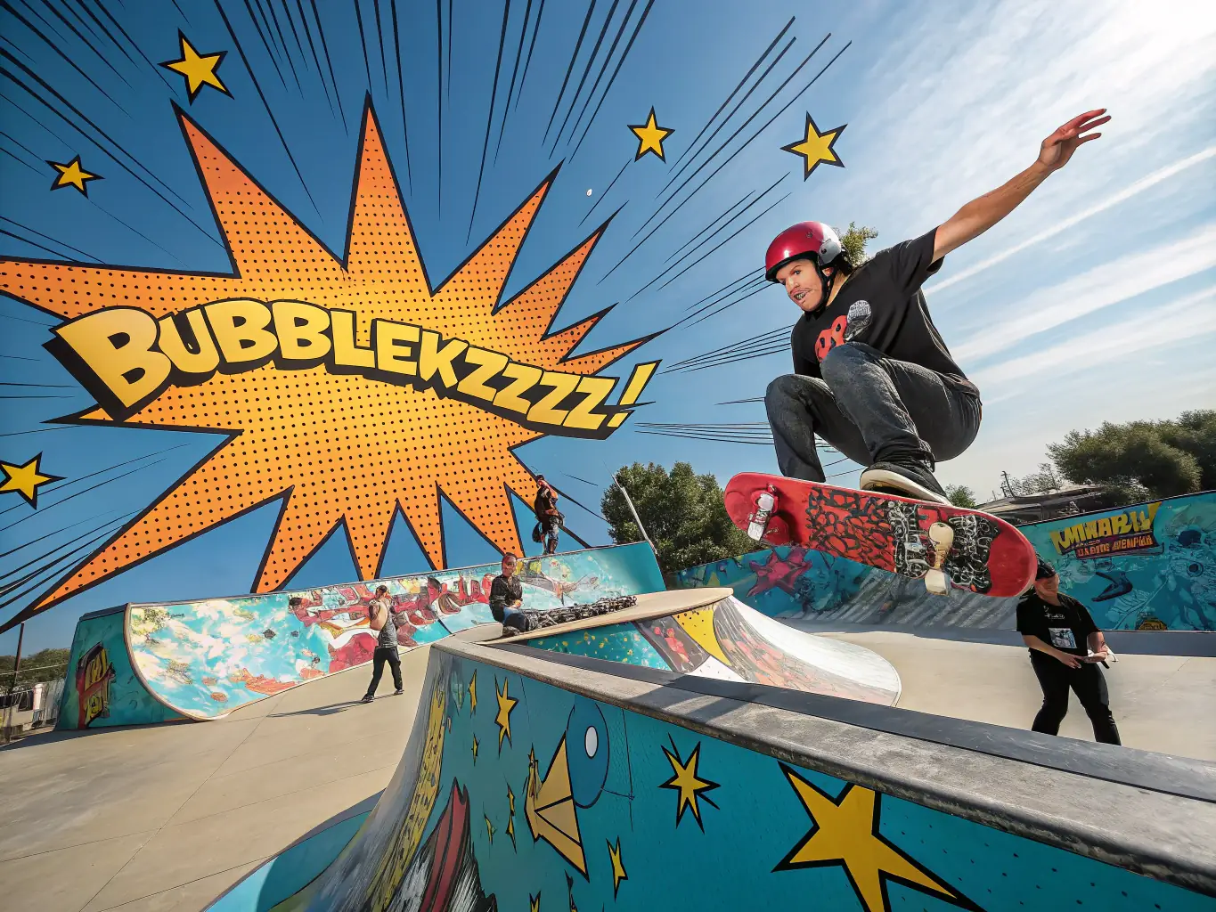 An artistic image of a skateboarder performing a trick in a skatepark, highlighting the creativity and skill of skateboarding.