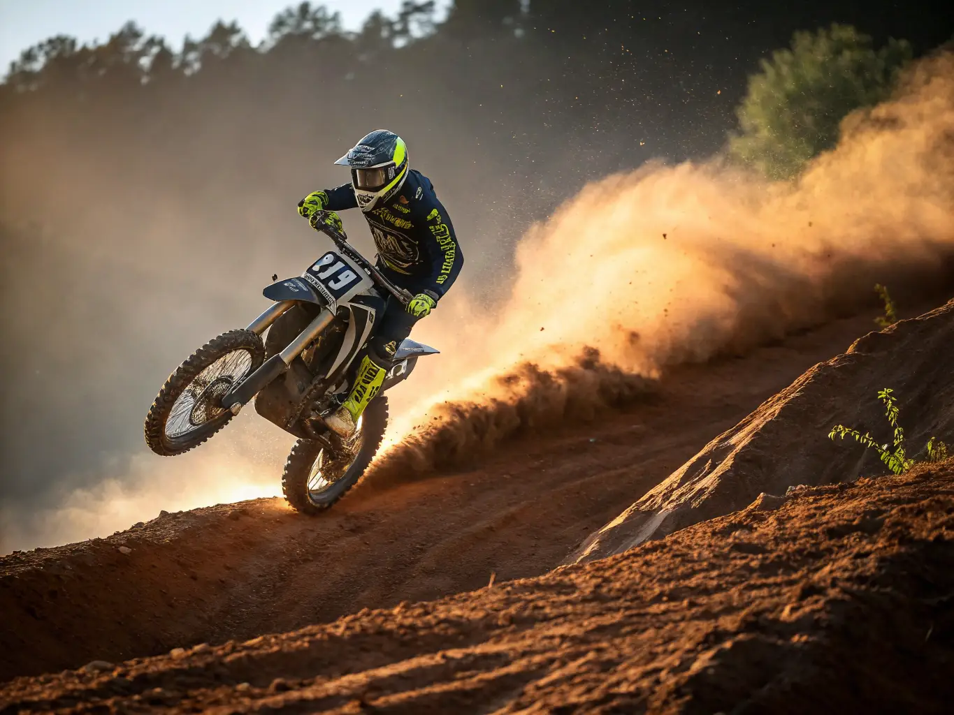 A vibrant image of a motocross rider speeding on a dirt track, showcasing the excitement and skill involved in motocross.