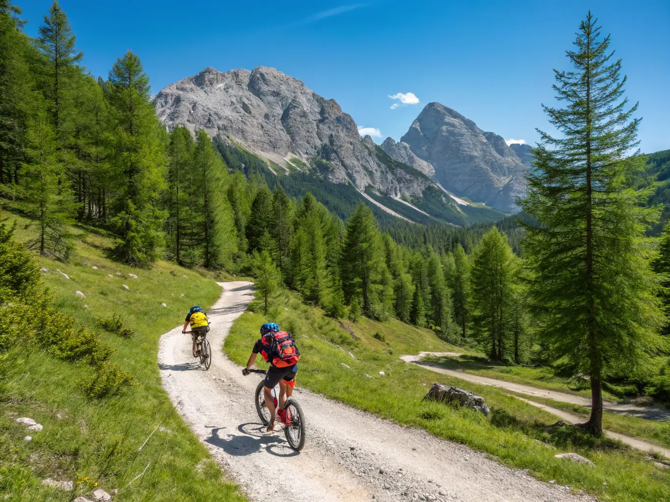 A dynamic image of a group of bikers riding through a scenic mountain trail, emphasizing the adventure and camaraderie of biking.