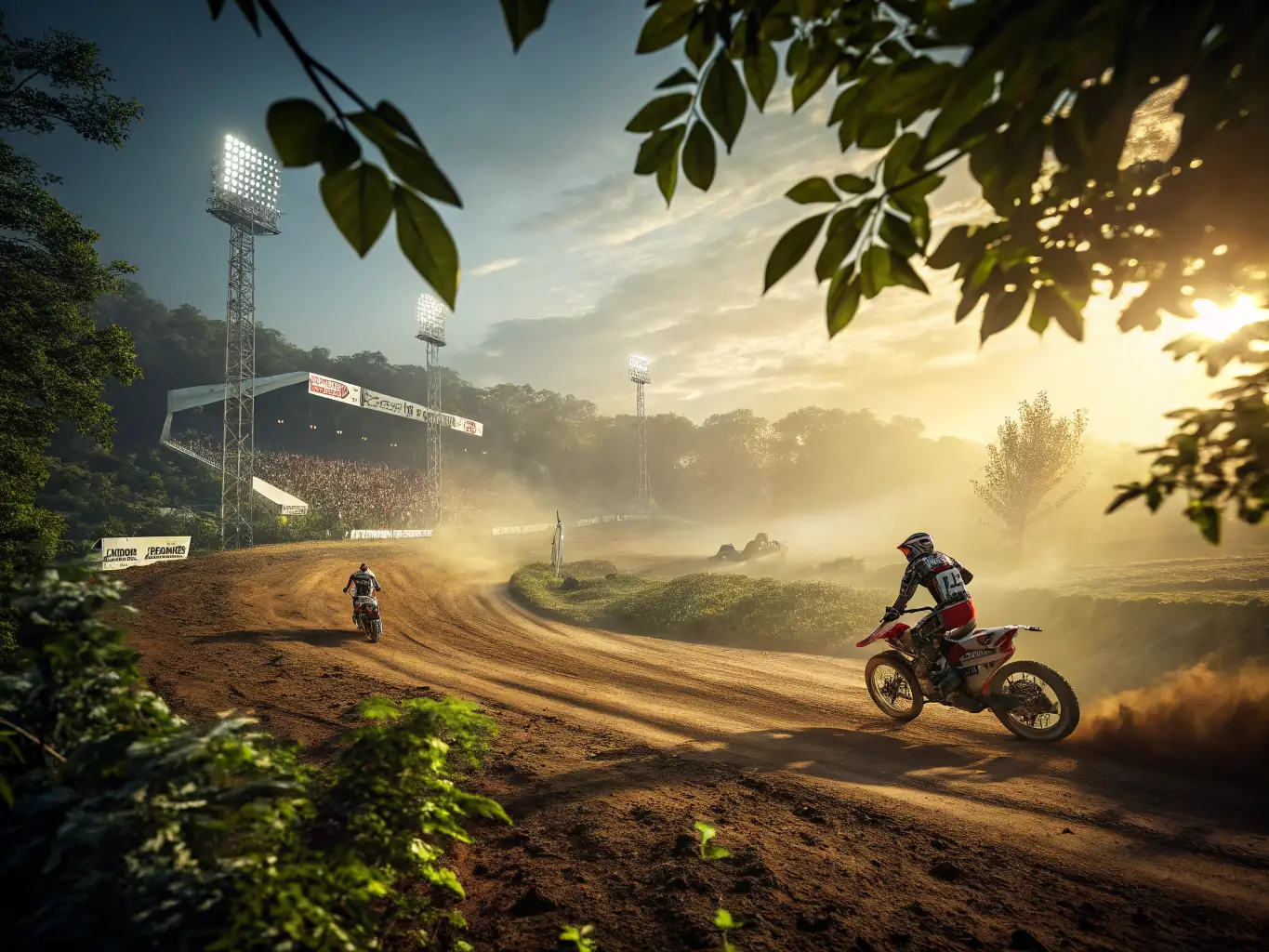 A detailed action shot of a motocross rider executing a jump, showcasing the intensity and skill involved in the sport. The image should convey the excitement and challenge of motocross, highlighting the program's focus on skill development and safety.