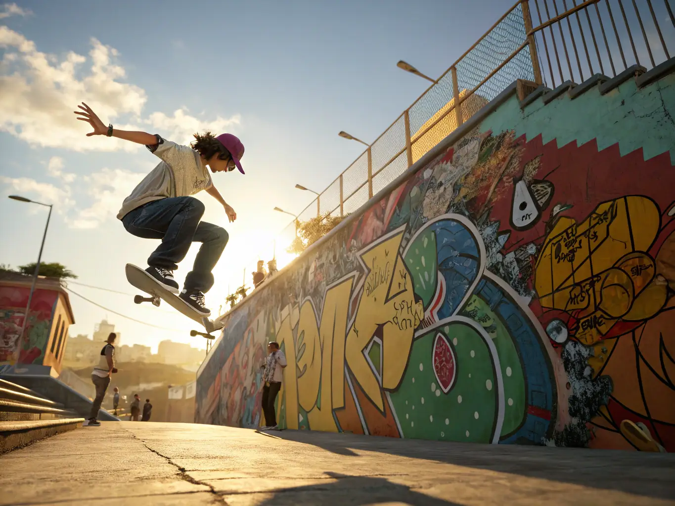 A vibrant image of skateboarders performing tricks in a skatepark, highlighting the creativity and athleticism involved in skateboarding. The photo should capture the energy and community spirit of the skateboarding scene.